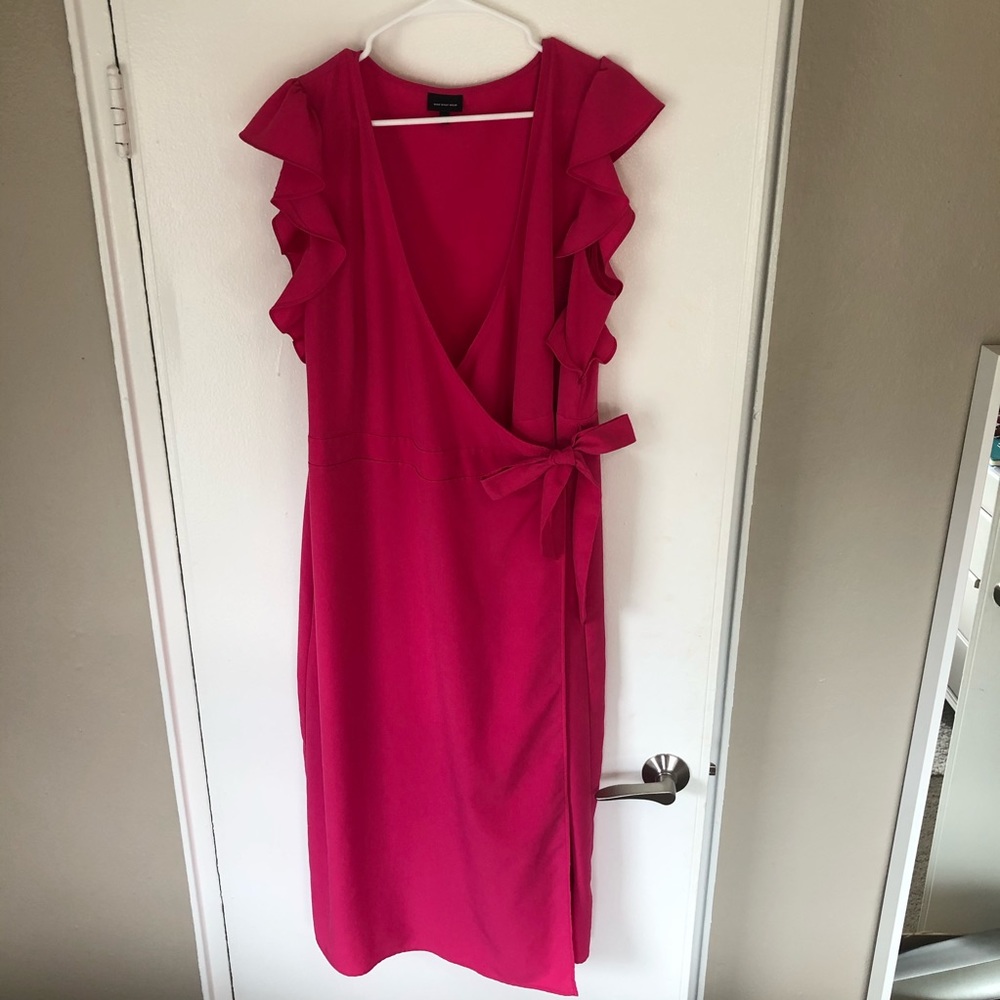 Hot pink wrap dress with ruffle sleeves